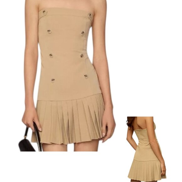 Maeve Strapless Pleated Trench Dress L Beige Mini Stretch Anthropologie NEW - Picture 2 of 11